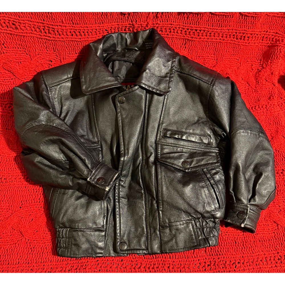 Phase 2 Kids Black Genuine Leather Bomber Jacket Vintage 1980's